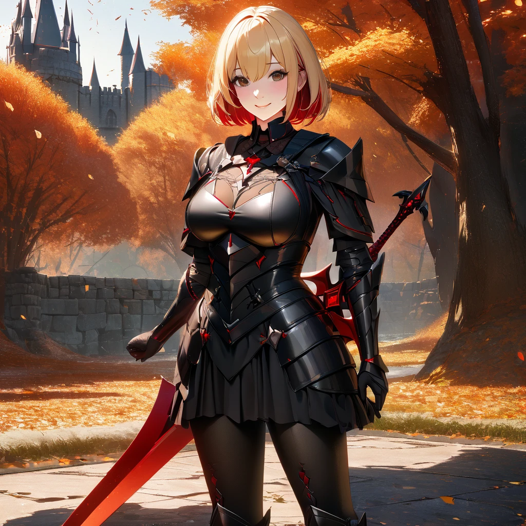 A woman wearing heavy black armor with red details, black metal bracelet, black metal boots, wearing black helm with exposed face, blonde hair, short hair, red bangs, multi-colored hair, large breasts, holding a red sword with red lightning on the sword, smiling, sadistic smile, standing on a concrete platform overlooking a black Gothic style castle, with a wide view of the lawn in the autumn climate, autumn trees.UHD , prime work , accurate , anatomically correct , textured skin , super details , high quality , best quality, 8k, high resolution, bokeh effect. (woman alone), close view. realistic
