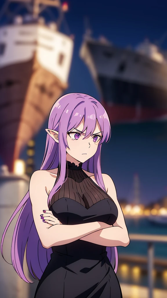 ((1woman,30 years old,mature female)),pointy ears,purple eyes,purple hair,long hair,angry,black dress,(night,harbor,ship),crossed arms,looking away