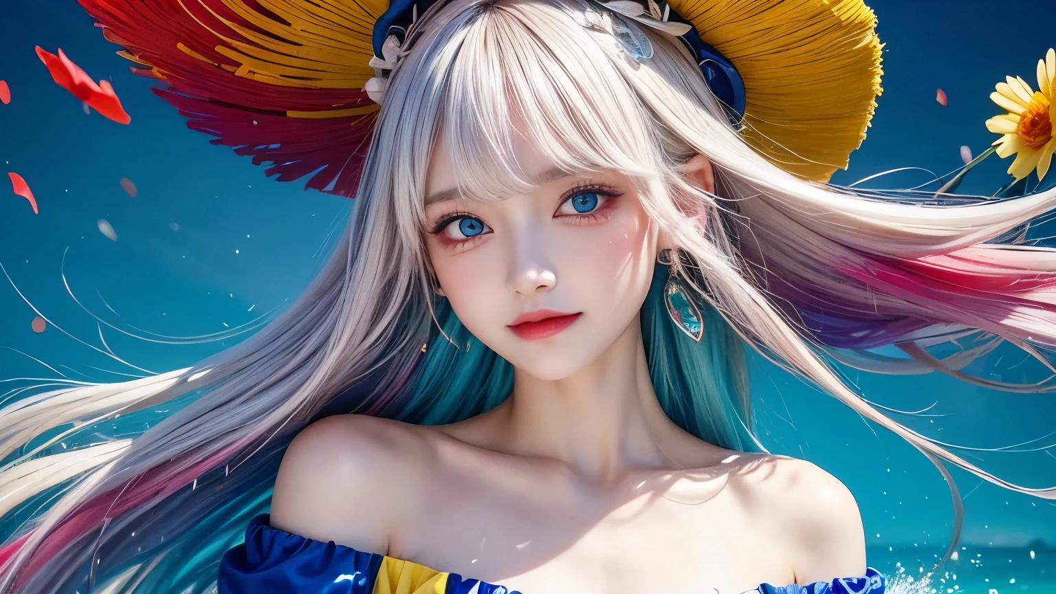 (Colorful Fashion T-Shirts:1.9),(blond:1.8),(Rainbow all colors:1.8),(((((Vertical painting:1.6))),(:1.6),front,comics,illustration,,big eyes,crystal clear,(金色gradientlong hair,extra long hair:1.7),Colorful hats,Exquisite makeup,Big breasts,Smiling all over,(Little fresh:1.5),(Tube top:1.6),long eyelashes,Colorful off-shoulder T-shirt,looking at the audience,Big watery eyes,(blond hair:1.6),Color Splash,(独奏:1.8),Color Splash,Color explosion,Heavy Paintworkwind,Messy lines,((Shiny)) ,(Colorful),(Colorful),(Colorful),Colorful,Heavy Paintworkwind,(splash)(Color Splash),vertical,Upper body,Paintworksplash,acrylic paint,gradient,Paintwork,Highest image quality,highest quality,masterpiece,独奏,depth of field,face painting,colorful clothes,(grace:1.2),gorgeous,long hair,wind,(grace:1.3),(petal:1.4),(((masterpiece))),((())),((Super detailed)),(illustration),(dynamic angle) ,((float)),(Paintwork),((disheveled hair)),(独奏),(1girl),(((Detailed Anima face))),(((Beautiful detailed face)),neckwear,bare shoulders,bionde,((bionde)),((bionde)),Beautiful and delicate eyes,(blue eyes),(((blue eyes))),(((Colorful background))),(((high saturation) )),(((Surrounded by colorful splash))),(((Colorful background))),(((high saturation))),(((Surrounded by colorful splash))),(((Colorful background))),(((high saturation))),(((Surrounded by colorful splash))),