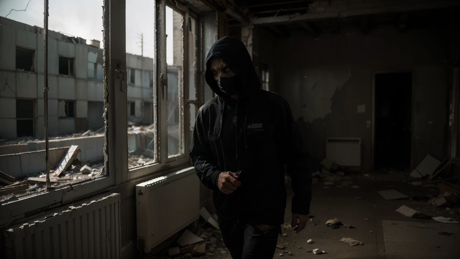 Create an ultra-realistic, dark image depicting a woman fleeing from a hooded assassin in an abandoned building. The woman, with fear etched on her face, is in mid-run, looking over her shoulder as she tries to escape. She is dressed in casual, slightly torn clothing, indicative of a desperate escape. The hooded assassin, shrouded in darkness, is in pursuit, his features obscured but exuding menace. The building is dilapidated, with broken windows, crumbling walls, and scattered debris. Sparse moonlight filters through the windows, casting eerie shadows and heightening the sense of danger and urgency in the scene. The overall atmosphere is ominous and filled with tension.