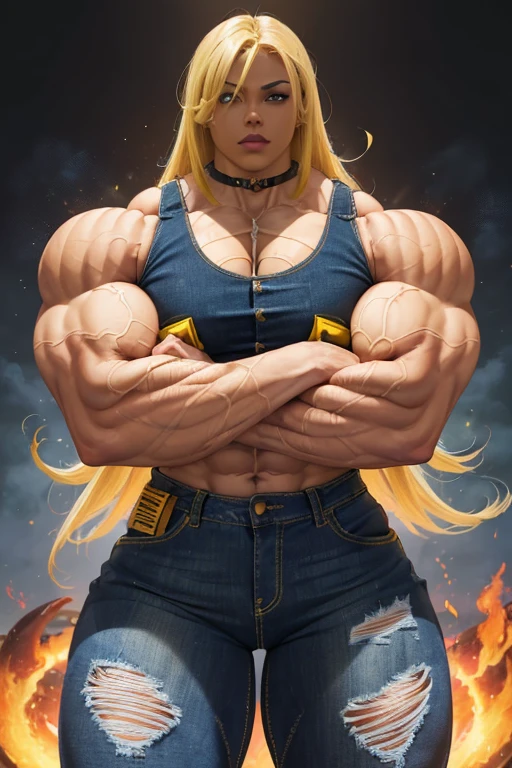 ((((Massive, beautiful, buff, light brown skinned muscular woman with yellow hair, black lipstick, ginormous bulky muscles, crossed arms and wearing a denim jacket and a tight denim pants)))), (close view), massive muscles, hyper muscles, (long flowing hair), ((tight tank top)), tight tank top, red eyes, choker, (((denim jacket))), (denim gloves), high heel boots, yellow colored flames, (yellow fire background), closed smile, night, ginormous arms