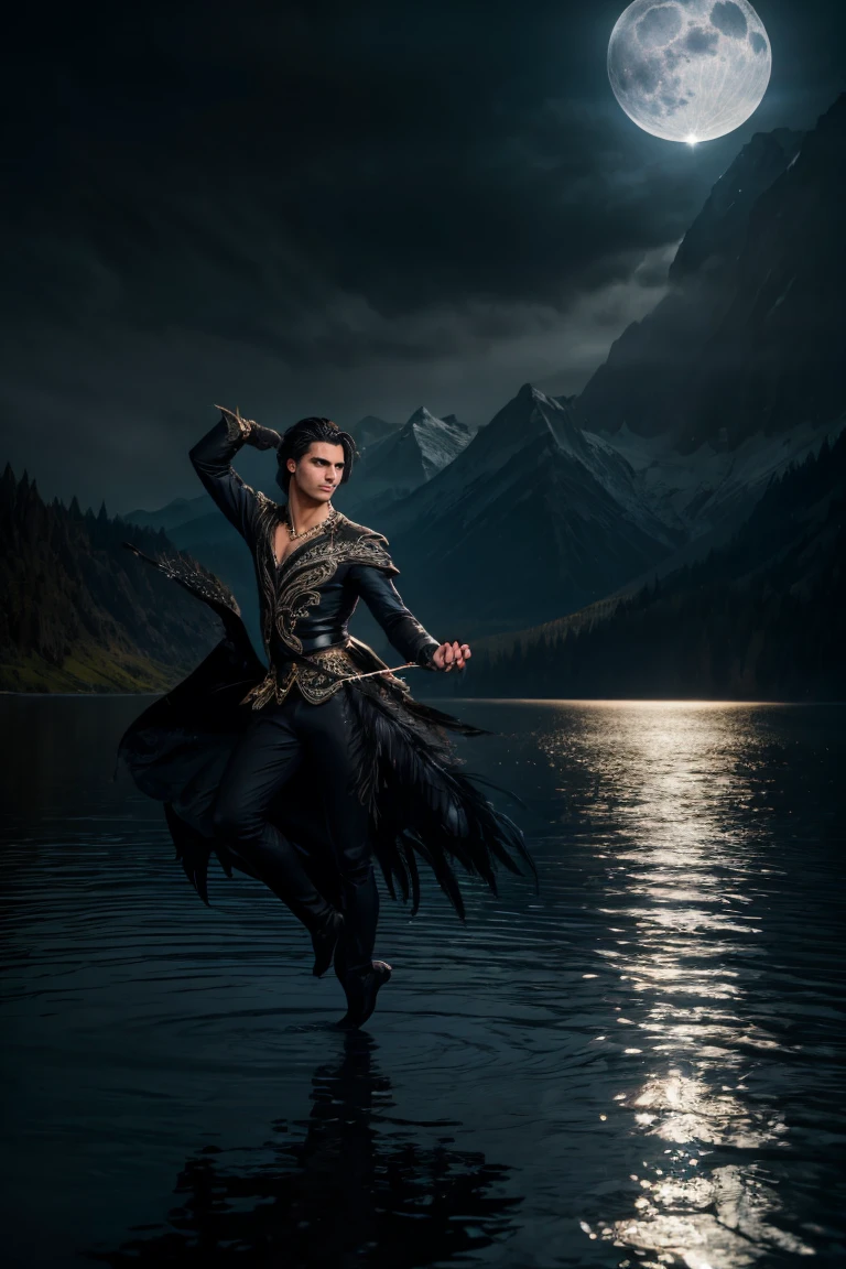 a handsome prince, 1boy, dark hair, piercing eyes, beautiful detailed face, elegant attire, regal pose, graceful movements, dark swan, feathers, lake, moonlight, dramatic lighting, cinematic, oil painting, highly detailed, photorealistic, 8k, intricate details, dramatic colors, moody atmosphere, fantasy, magical realism