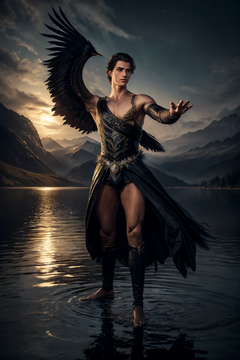 a handsome prince, 1boy, dark hair, piercing eyes, beautiful detailed face, elegant attire, regal pose, graceful movements, dark swan, feathers, lake, moonlight, dramatic lighting, cinematic, oil painting, highly detailed, photorealistic, 8k, intricate details, dramatic colors, moody atmosphere, fantasy, magical realism