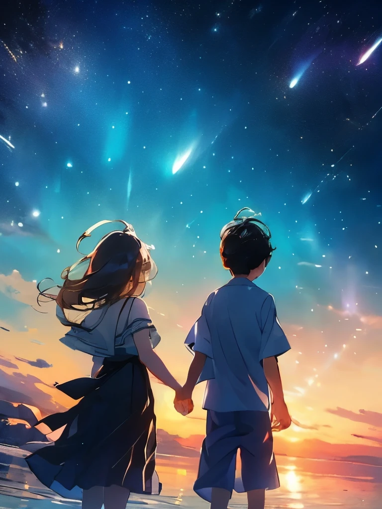 masterpiece、(((Boy and girl holding hands)))、Tanabata、Ocean、綺麗なOcean、Back view、Starry Sky、night、night空、((shooting star))、Aurora、Upper Body