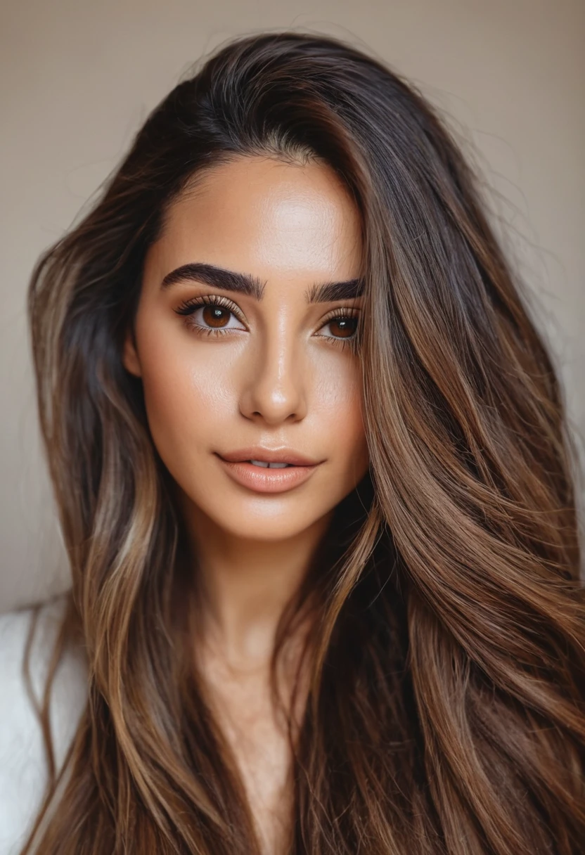 realistic portrait photo of beautiful woman with long brun hair, hair roots slightly faded, latina, influencer, brown eyes, no makeup, instagram