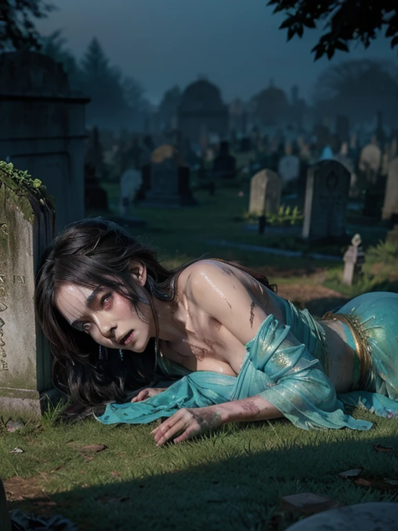 In a graveyard in front of a tombstone, a decomposing beautiful nude woman crawls out of the grave. A spectral being draped in flowing iridescent mists. The image, a stunning digital art piece, is bathed in a dreamlike haze of BLue and gold Dynamic Soft lighting. ,zombie bride