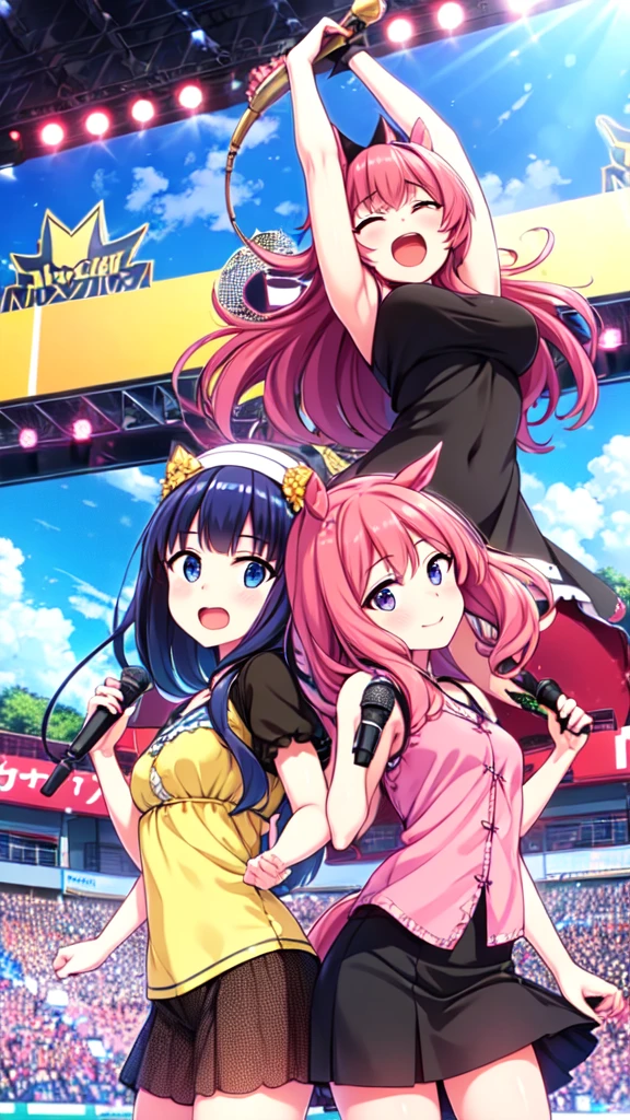 Two Girls, Smart Falcon and Silence Suzuka, Horse Girls, Stand symmetrically, Holding one hand, live house, Hold the microphone, Audience holding penlights in the background,
