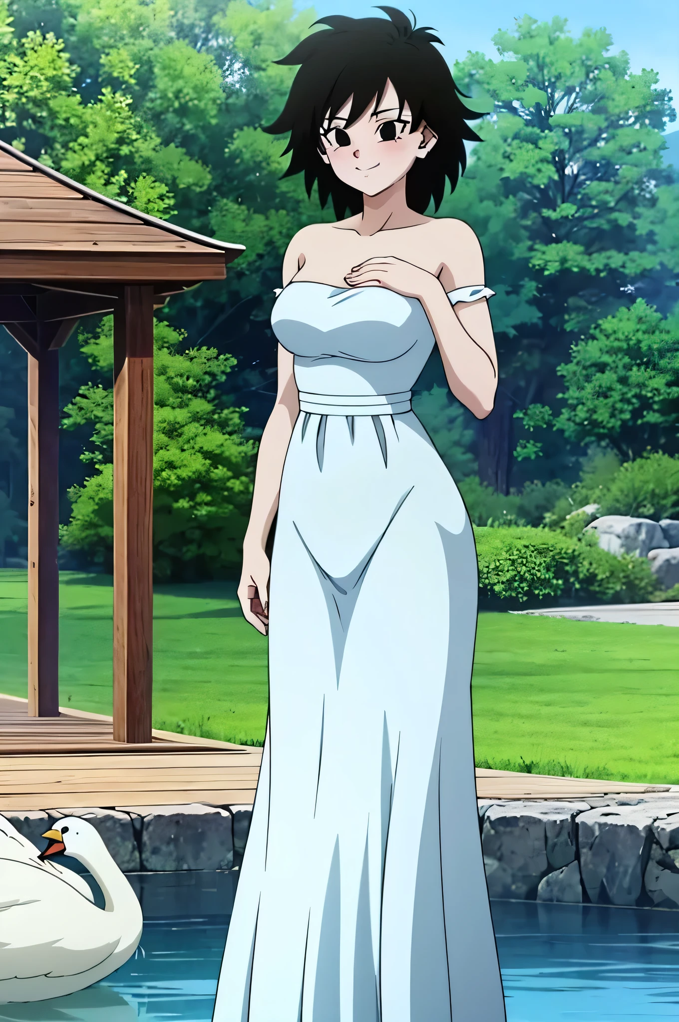 anime screencap, masterpiece, best quality, highres, outdoors, small breasts, gine, spiky black hair, 1 girl, Solo, Black Eyes, Good hands are down, Light Smile, Blushing, Bare Neck, Bare Shoulders, strapless, White Ruffle Off the Shoulder top, white maxi skirt. Cowboy shot. looking at viewers, garden, a lake, a gazebo, blue skies, standing up straight, swans in the lake