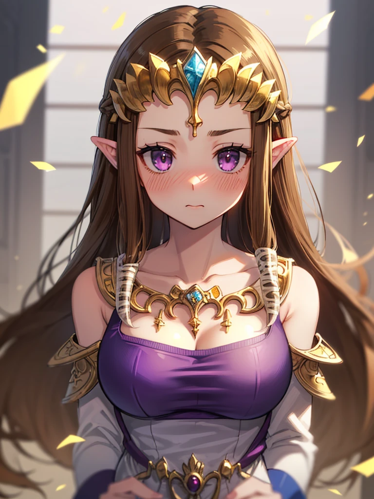 ((surprised),((Scared)),((valley)),((((Exposed shoulders)))),(((look up))),,(((Golden hair ornament)),,(((Long Hair)))),((Big Breasts)),((((Exposed shoulders)))),((Front Face)),Princess Zelda, ((Highest quality)),,(Very detailed) ,,((Purple blouse)),Brown Hair,((Embarrassed look)),Blushing, ((Highest quality)), (Very detailed), ,(((Dark brown hair))),Nintendo, (Straight hair), face,Blushing,((alone)), ((Highest quality)), (Very detailed), ,