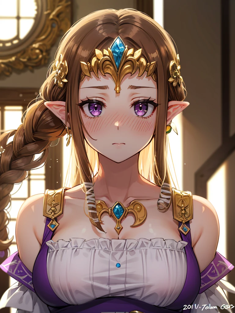 ((surprised),((Scared)),((valley)),((((Exposed shoulders)))),(((look up))),,(((Golden hair ornament)),,(((Long Hair)))),((Big Breasts)),((((Exposed shoulders)))),((Front Face)),Princess Zelda, ((Highest quality)),,(Very detailed) ,,((Purple blouse)),Brown Hair,((Embarrassed look)),Blushing, ((Highest quality)), (Very detailed), ,(((Dark brown hair))),Nintendo, (Straight hair), face,Blushing,((alone)), ((Highest quality)), (Very detailed), ,