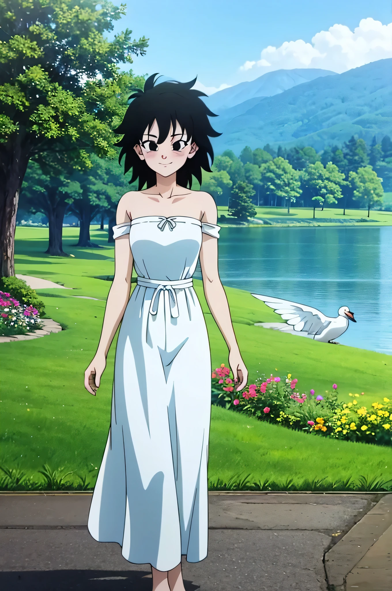 anime screencap, masterpiece, best quality, highres, outdoors, small breasts, gine, spiky black hair, 1 girl, Solo, Black Eyes, Good hands are down, Light Smile, Blushing, Bare Neck, Bare Shoulders, strapless, White Ruffle Off the Shoulder top, white maxi skirt. Cowboy shot. looking at viewers, garden, a lake, a gazebo, blue skies, standing up straight, swans in the lake