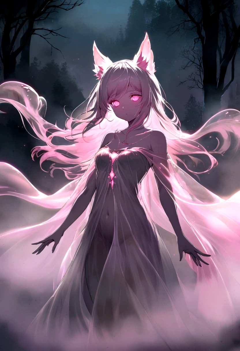 translucent, flowing, ethereal, luminescent, spectral, mist, atmospheric, eerie, ghost-like, flowing gown, glowing hair, misty skin, mirrage, smoke-screen, glowing pink eyes, catgirl, glowing transparent