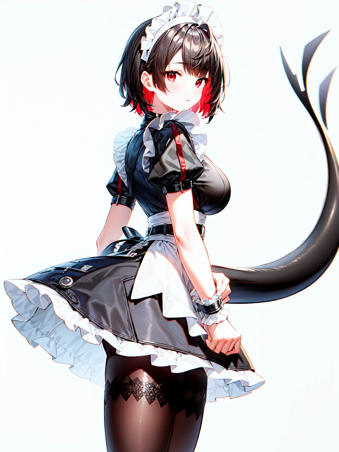 1girl, solo, breasts, ellen joe, black hair, colored inner hair, multicolored hair, (red eyes:1.3), red hair, short hair, two-tone hair, looking_at_viewer, large_breasts, ass, apron, black pantyhose, black shirt, black skirt, ear piercing, fins, fish tail, maid, maid apron, maid headdress, pantyhose, piercing, puffy short sleeves, puffy sleeves, shark girl, shark tail, shirt, short sleeves, skirt, tail, two-tone hair, wrist cuffs,, closed_mouth, cowboy_shot, looking_back, standing