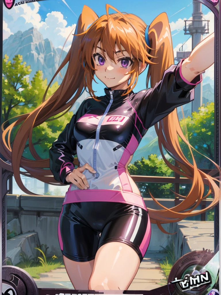 solo, 1 girl, (Masterpiece),best quality, long brown hair, purple eyes, low twintails, smile, Shidou Irina, medium breasts, naked, standing, ((cowboy shot)), mountain road, short sleeve cycling jersey, cycling pants, right hand on mouse
