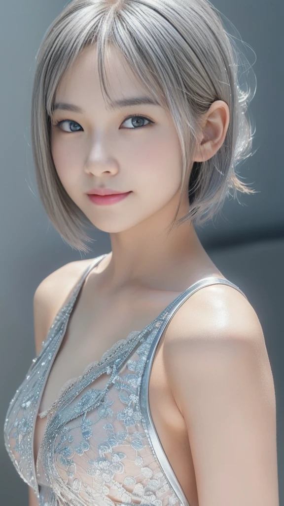 1 Girl, (strapless micro bikini:1.2), Beautiful Japanese actresses, Yellow background、Photographed from the front、((small, Flat Chest:1.5))、((Face close-up:1.6))、((Silver hair with a short bob cut:1.7))、Woman covered in complex white cybernetics, Blue LED light, Combat Uniform, Cleavage, high tech, Ultra-high resolution, 32k, (In underwear), (detailed:1.4), Cyberpunk city background, Rainy Street, Beautiful Face, Long golden hair, Professional Lighting, masterpiece, Very delicate and beautiful, Professional photos、｟Completely naked｠、（Pussy）、anus