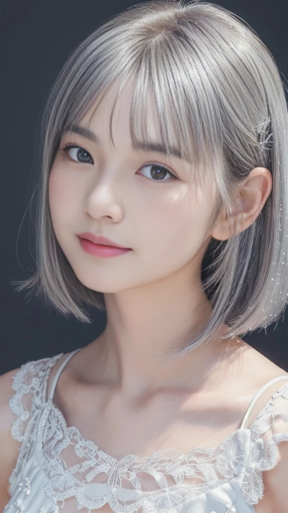 a cute ultra young japanese girl, extremely detailed face, NO makeup,beautiful eyes with long eyelashes, charming eyes,dropped eyes,small delicate nose, lovely smiling lips, (short silver hair:1.5), (porcelain white skin, wearing a lacy one-piece dress, slender figure:1.25), (best quality,4k,8k,highres,masterpiece:1.2),ultra-detailed,(realistic,photorealistic,photo-realistic:1.37),HDR,UHD,studio lighting,ultra-fine painting,sharp focus,physically-based rendering,extreme detail description,professional,vivid colors,bokeh,portraits,soft pastel colors,natural lighting,cinematic composition
