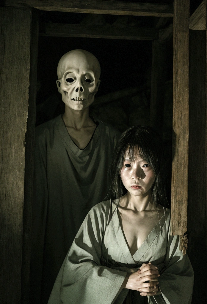 Spooky Japanese Ghosts、Late night with no lights、Zoom in on face、、ruins、Apparition、gloomy、Photorealistic、movie