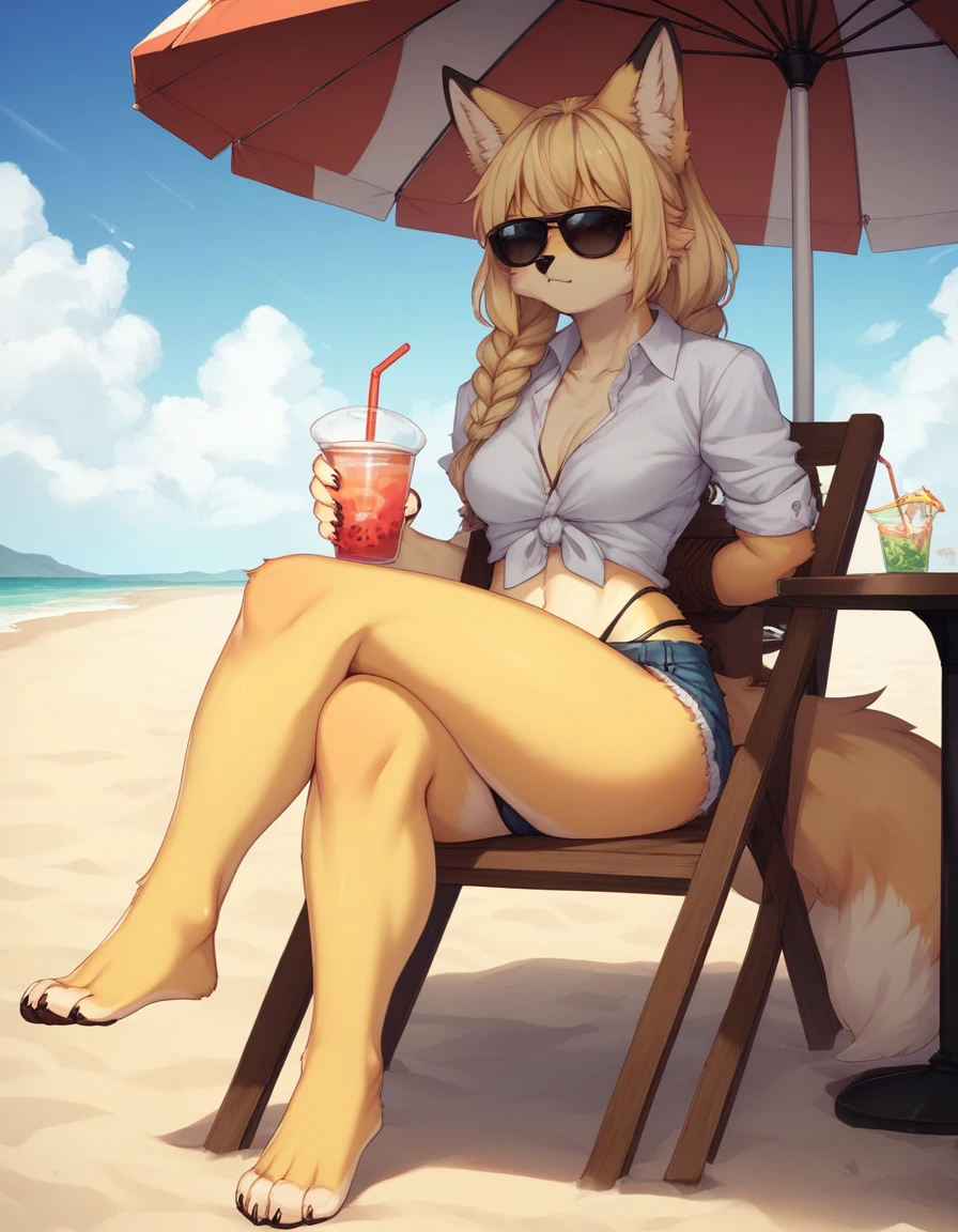 Solo, Score_9, score_8_up, score_7_up, kemono style, Kimiko, An Anthro furry fox girl, yellow furry body, yellow fox tail, , black nose, blonde hair, braided hair, wearing blue daisy dukes, white shirt tied up, visible thong, sunglasses, sunglasses covering eyes, outdoors, sunny day, looking away, majestic, at the beach, sitting on a chair under an umbrella, in front of a food stand, legs crossed, barefoot, toe ring, 4 toes, holding a cup of boba tear, drinking boba through a straw