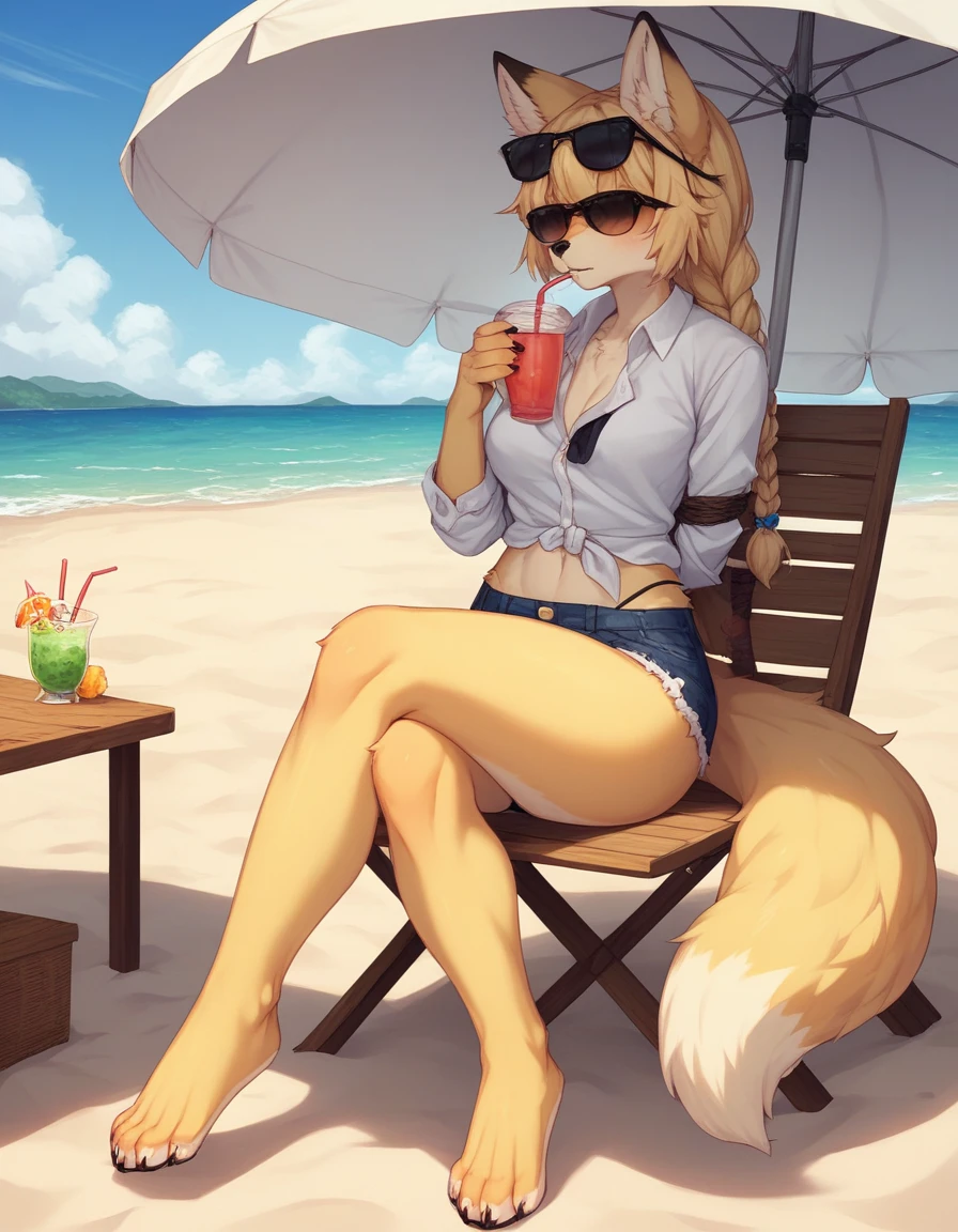 Solo, Score_9, score_8_up, score_7_up, kemono style, Kimiko, An Anthro furry fox girl, yellow furry body, yellow fox tail, , black nose, blonde hair, braided hair, wearing blue daisy dukes, white shirt tied up, visible thong, sunglasses, sunglasses covering eyes, outdoors, sunny day, looking away, majestic, at the beach, sitting on a chair under an umbrella, in front of a food stand, legs crossed, barefoot, toe ring, 4 toes, holding a cup of boba tear, drinking boba through a straw