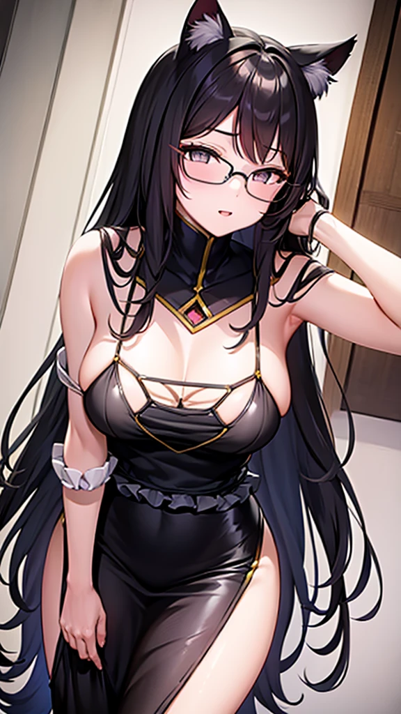 A 20-year-old cat girl with long black hair, gray eyes, bust, wears glasses, and a thigh-length black evening dress.