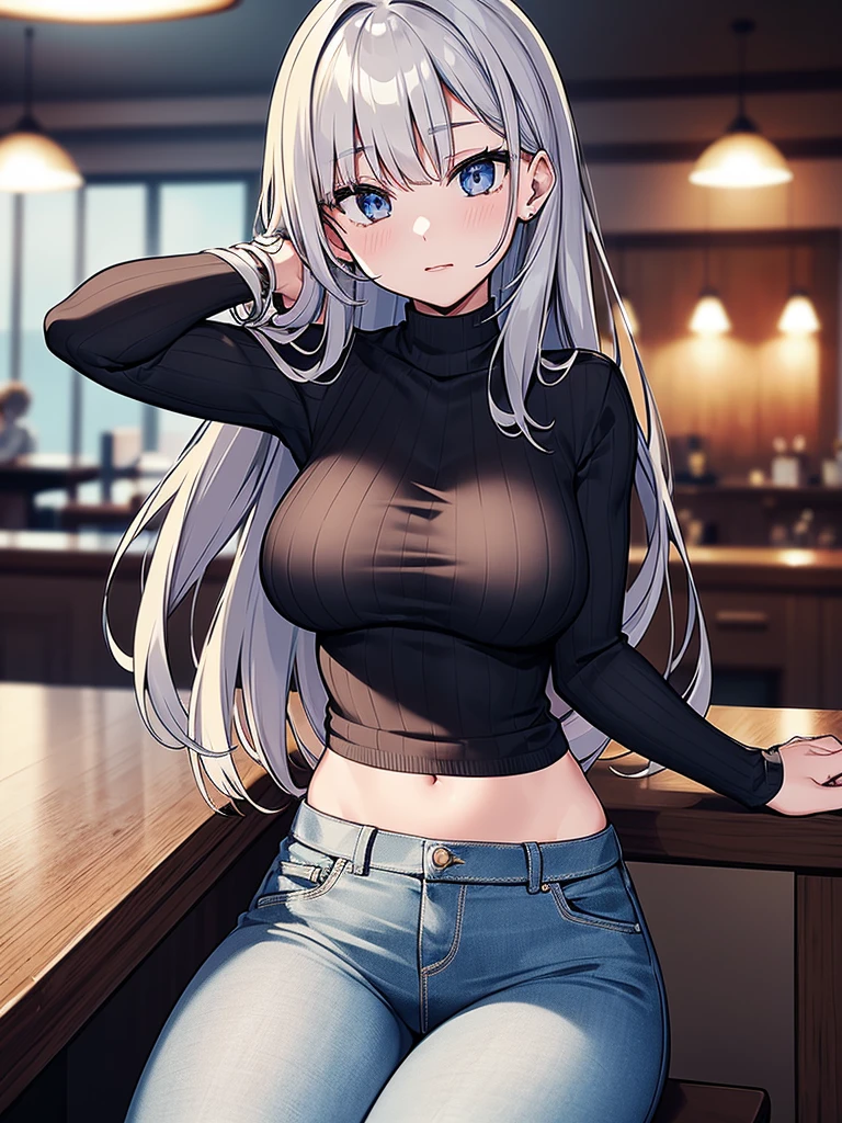 8K, Highest quality, Realistic photos, Realistic details, Clear Face, Delicate facial features, Real Skin Glow, pretty girl, shy, To the camera, A girl sitting at a bar wearing a grey fishnet sweater and tight jeans, Clear Bar Background, Ocean view, Arms on the bar counter, Hip, The body is slim, Big Breasts, 24-years-old, Charm, Captivating eyes