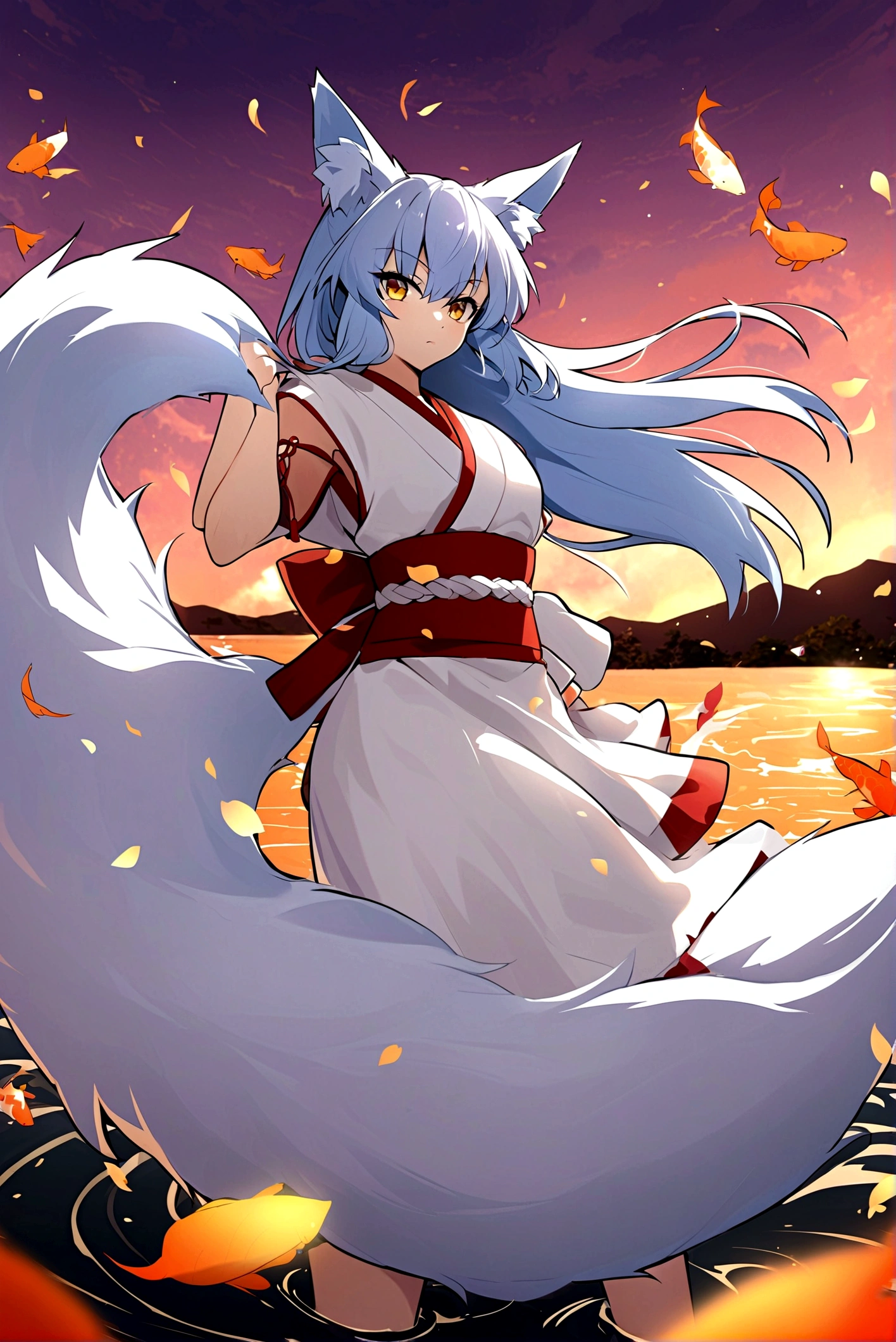 fox Light blue hair beast girl indigo fur fox beast girl Sesshomaru, Yellow eyes, Anime, Perfect face, Perfect Lighting, Outdoors, Warm colors, Dark purple sky, Autumn sunset, \(inuyasha\), Bearing Claw, Ready to fight wave, koi fish, anime artstyle, wide view, fluffy. yellow fox, marking under the eyes, crystal antler ,violet eyes, wearing bandanna, flower petals, Ambient light,Ultra-fine fur,volumettic light,natural lightting,fox tail,nevando,35mm。High quality, high detal, Best quality, hyper HD,individual,Single