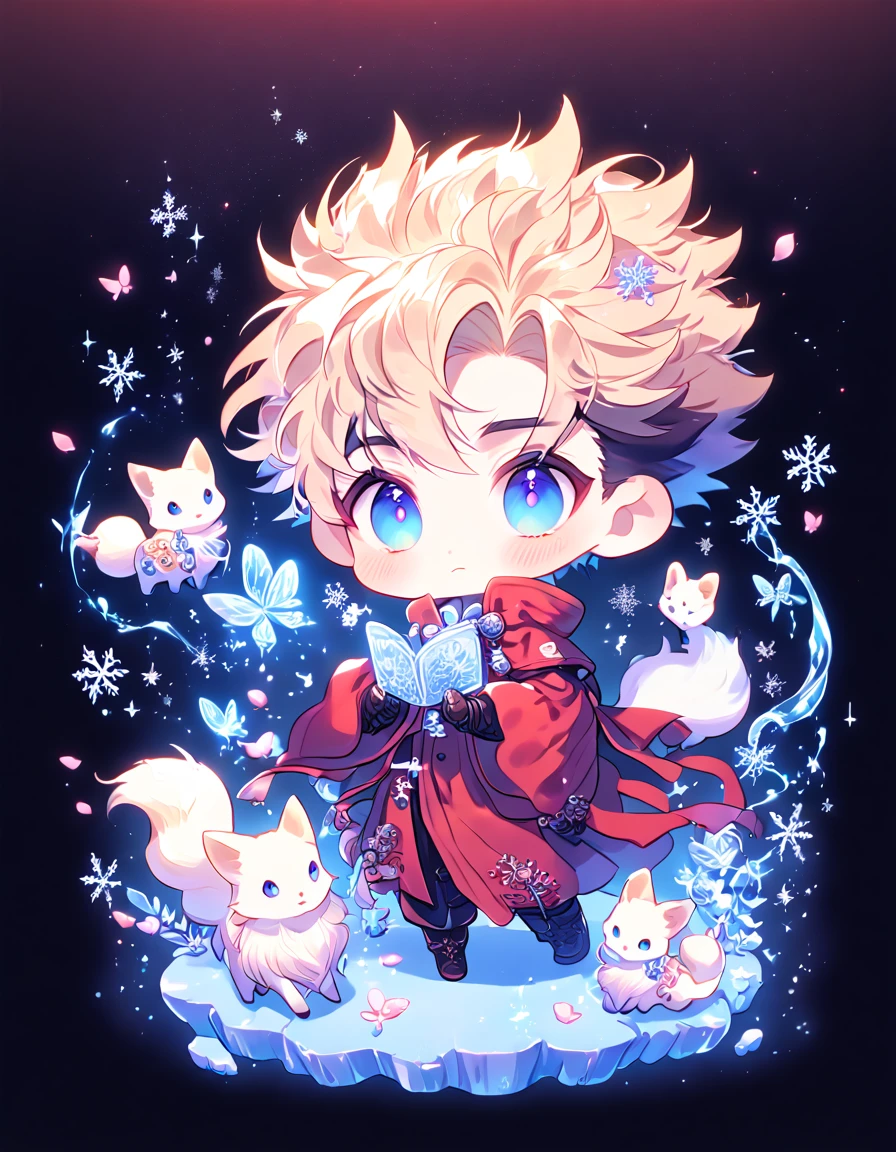 Ultra detailed, HDR, Highres, absurdres, master piece, Vash Stampede chibi, blond hair, expressive blue eyes, red clothes, Trigun, white fox, Ninetales, expressive blue eyes, glass, ice glittering butterflies, ice, petals, pink ice glass flowers, cute, glittering, water, fantasy, magical, snowflakes, cold, small and cute, glass