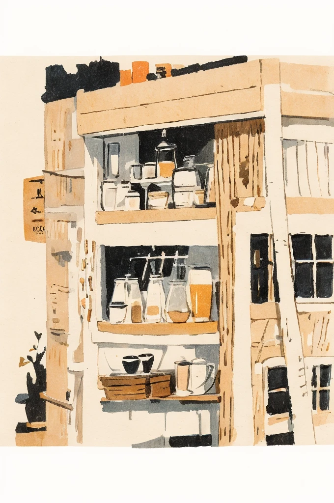 Illustrations: simple lines, wood print style, coffee, expresso, white coffee shop atmosphere.