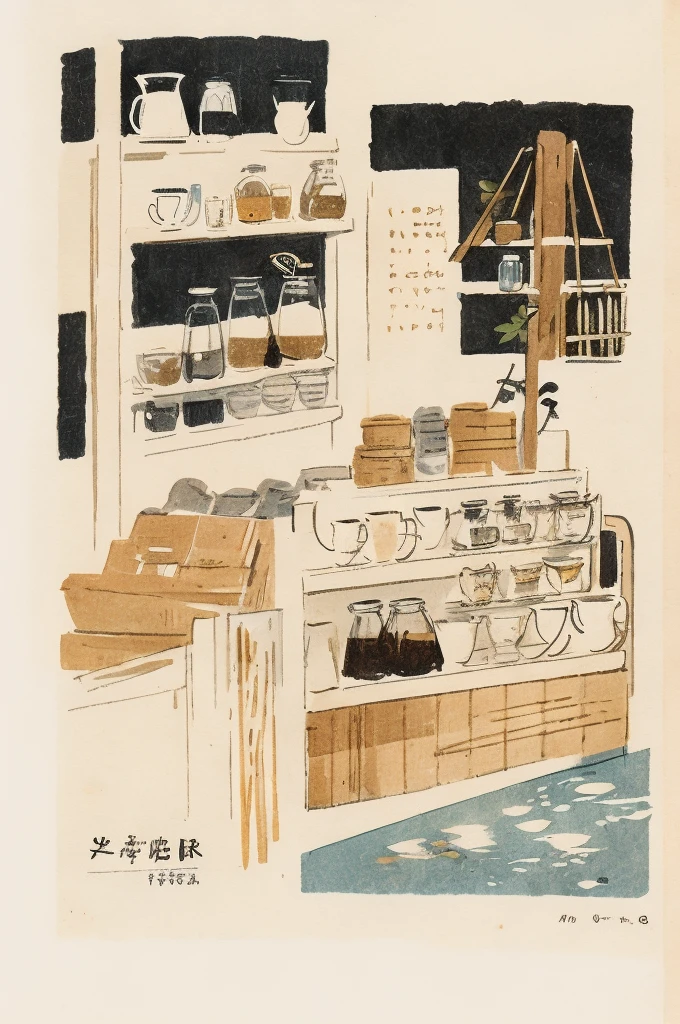 Illustrations: simple lines, wood print style, coffee, expresso, white coffee shop atmosphere.