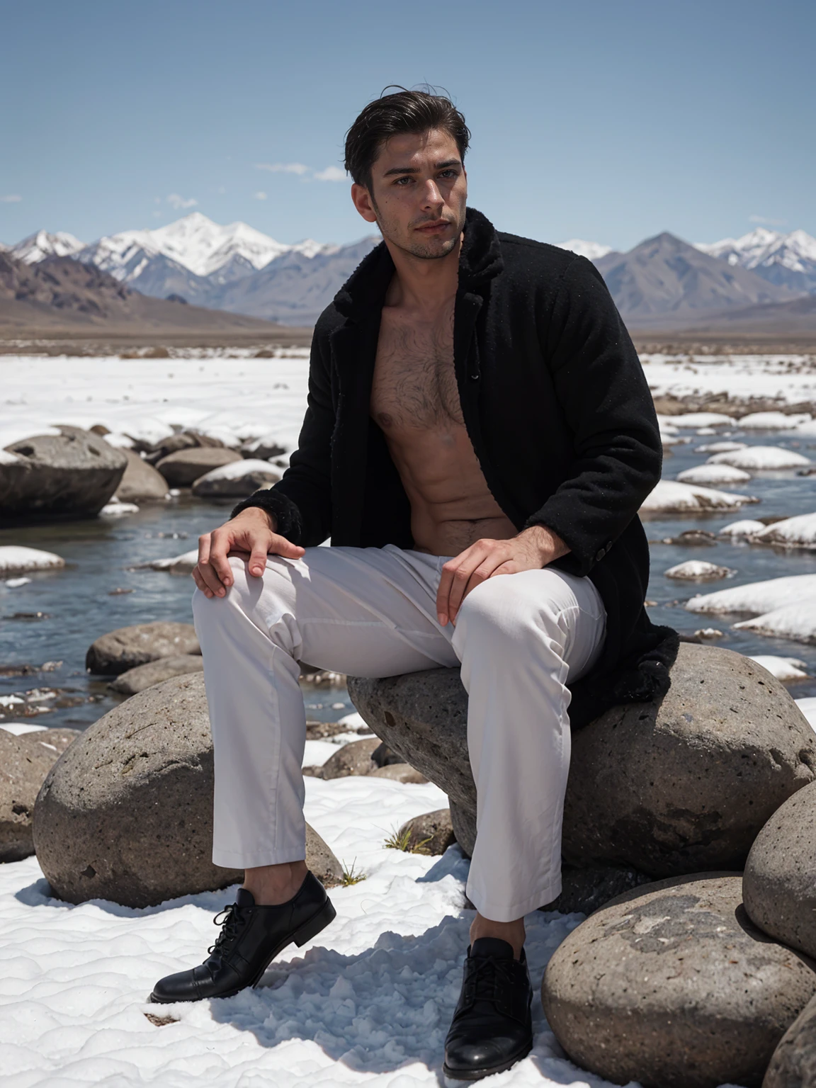 Real image of a handsome Turkish man model 30 years old with short beard and short black hair, shirtless, with a black fur coat, tailor wearing white pants sitting on a rock, looking seriously at the camera, arid mountainous and snowy area. Landscape of Mendoza Argentina.