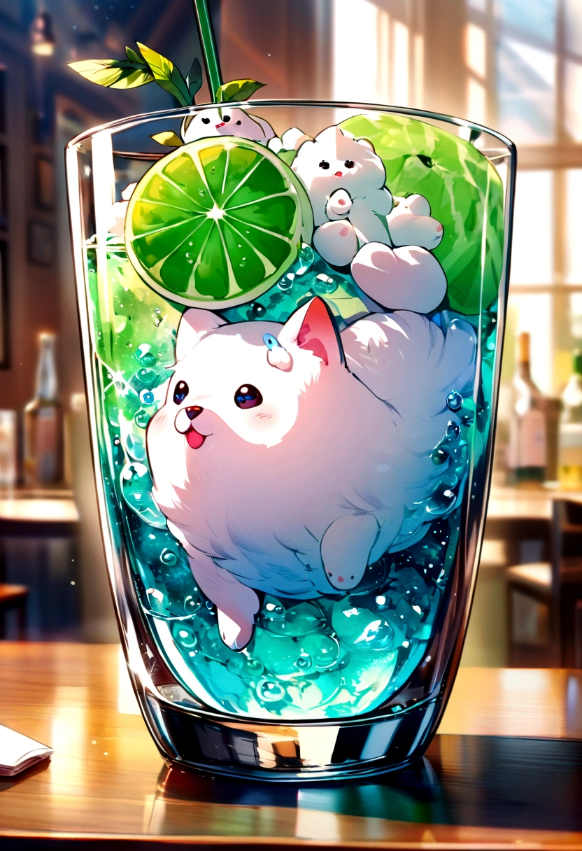 Glass puppy, clear, uneven, cream melon soda in glass, with straw, excellent image quality
