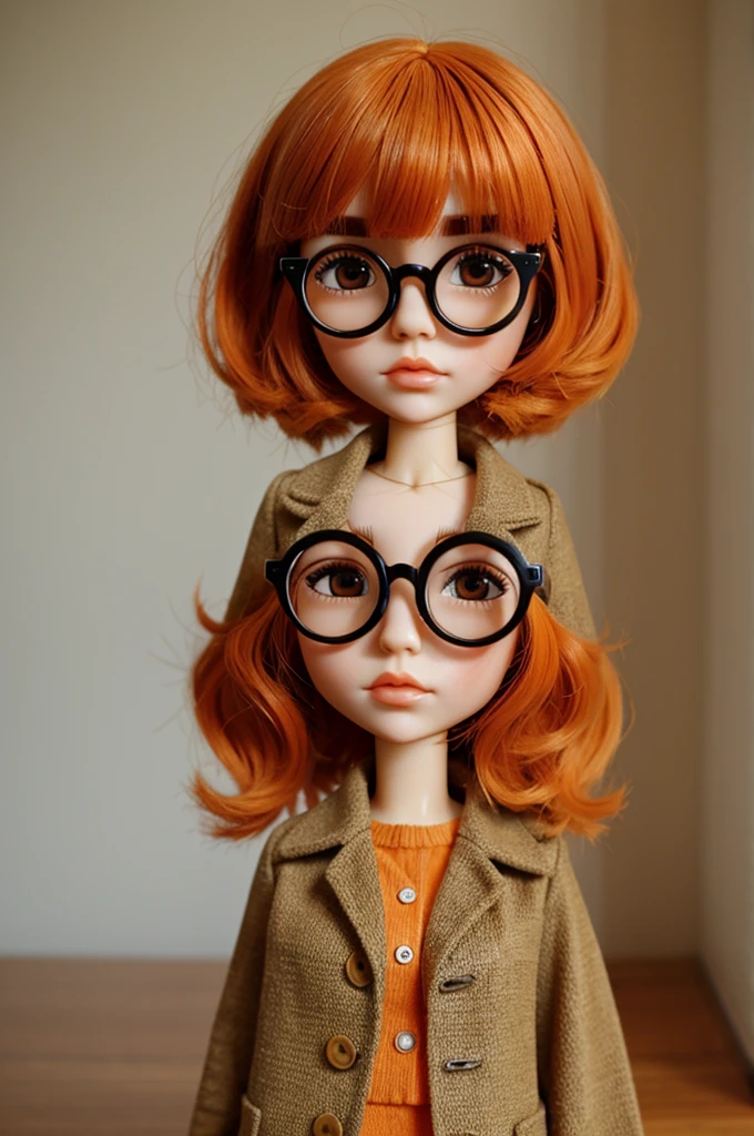 blythe doll short orange hair and bangs with round glasses