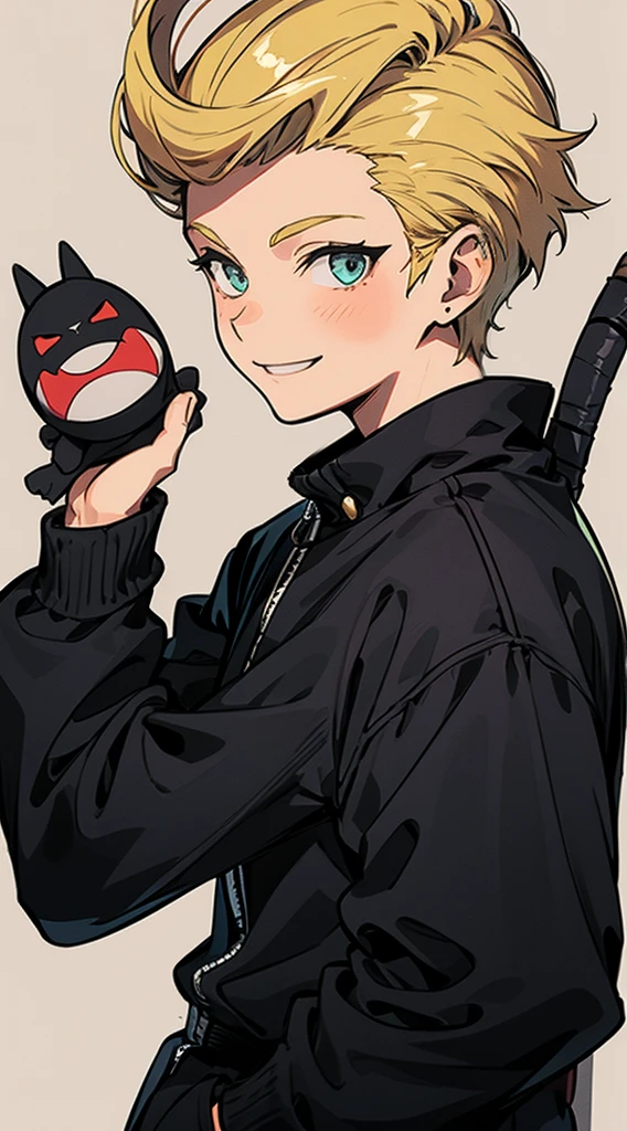 Truck, blonde, pompadour, black ninja costume, boy, smile