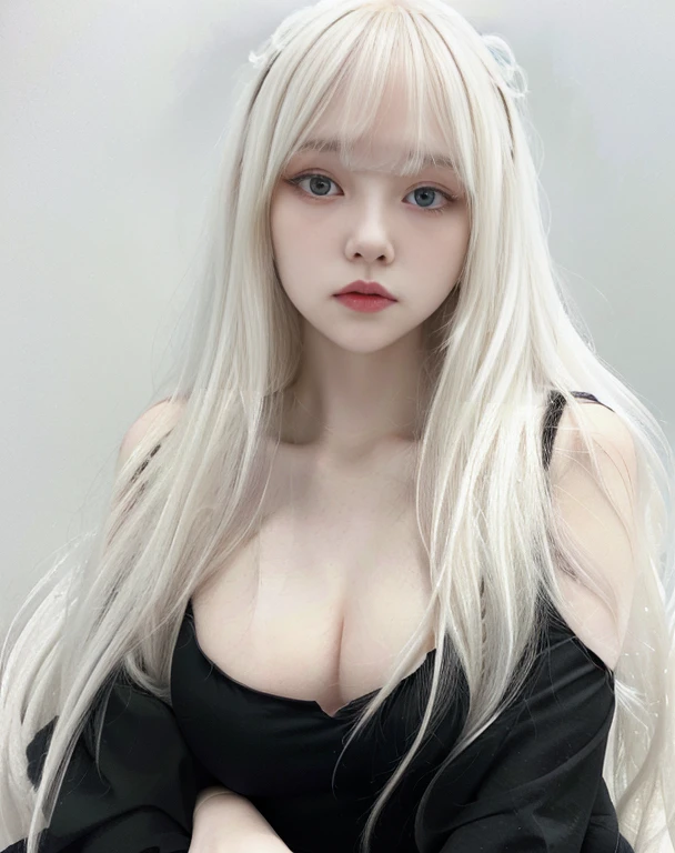blonde-haired girl with long hair and a black dress, long white hair and bangs, white hime cut hairstyle, white bangs, Perfect white hair girl, with long white hair, cabello con white bangs, pale porcelain white skin, pale fur, cruel korean gothic girl, pale gothic beauty, girl with white hair, with long white hair, ulzzang