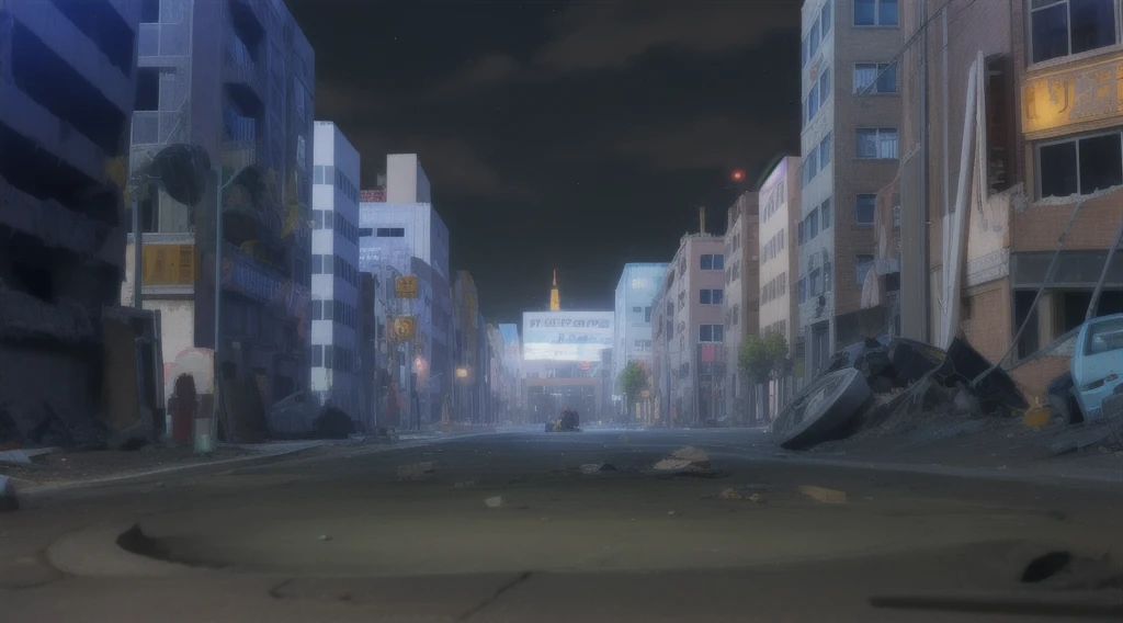 destroyed night city, deep hole in the street