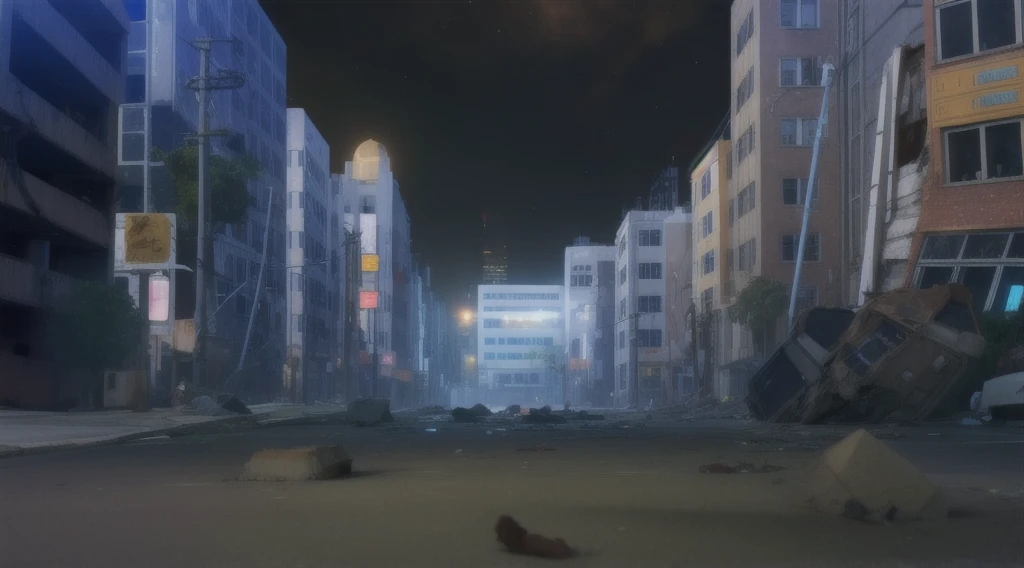 destroyed night city, deep hole in the street