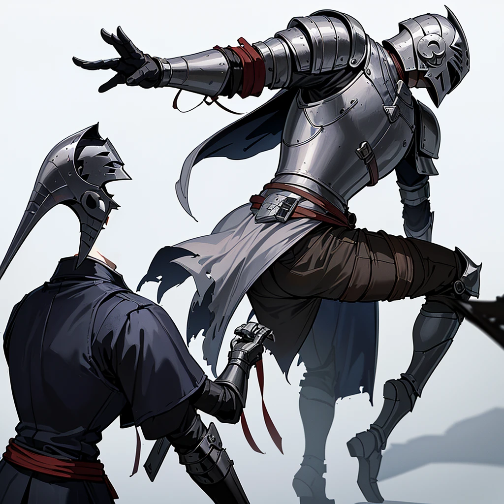 (From the back、Back view)、Highest quality, Best Quality,Best illustrations、(((Iron Mask、pocket、Iron Helmet)))、Medieval Armor、Medieval Knight、Full grey armor、(((20-year-old male)))、Dramatic Angle、(battle)、battlefield、Movement angle、Grab the sword、(Fighting stance)、Run、(((White background)))