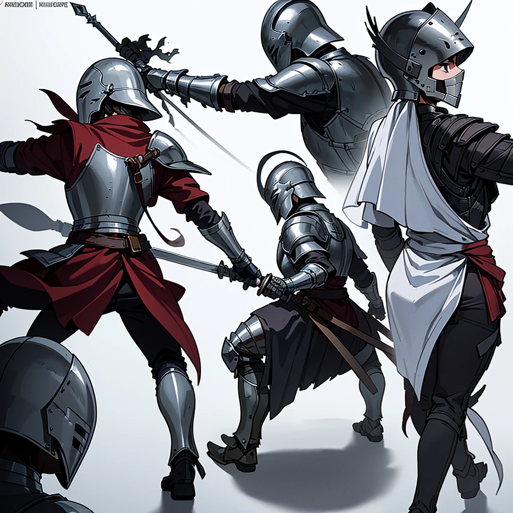 (From the back、Back view)、Highest quality, Best Quality,Best illustrations、(((Iron Mask、pocket、Iron Helmet)))、Medieval Armor、Medieval Knight、Full grey armor、(((20-year-old male)))、Dramatic Angle、(battle)、battlefield、Movement angle、Grab the sword、(Fighting stance)、Run、(((White background)))