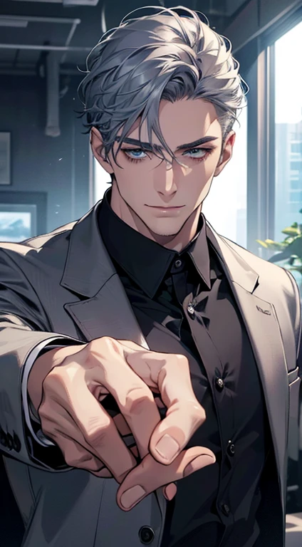 (best quality,4k,8k,highres,masterpiece:1.2),ultra-detailed,(realistic,photorealistic,photo-realistic:1.37),1 man,31 years old,mature man,very handsome,without expression,smile,short grey blue hair,blue eyes,penetrating gaze,perfect face without errors,imposing posture,businessman,office background,cinematic lighting,hdr image