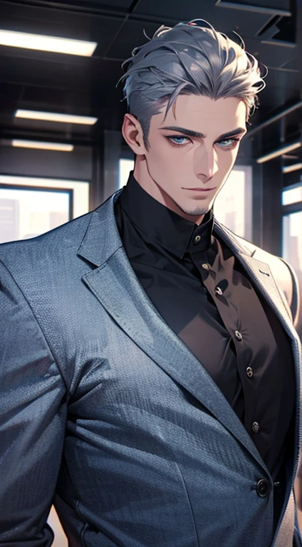 (best quality,4k,8k,highres,masterpiece:1.2),ultra-detailed,(realistic,photorealistic,photo-realistic:1.37),1 man,31 years old,mature man,very handsome,without expression,smile,short grey blue hair,blue eyes,penetrating gaze,perfect face without errors,imposing posture,businessman,office background,cinematic lighting,hdr image