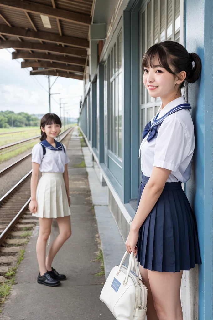 2 girls in rural station,long train on far side,cumulonimbus cloud in summer sky,short-sleeved white shirt with sailor collar,navy blue pleated skirt,18-year-old,bangs,a little smile,thighs,knees,short hair with low pigtails bunches,from beside,front light