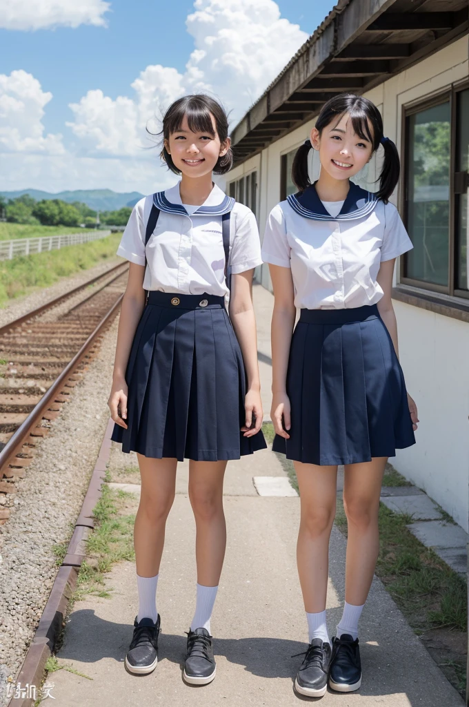 girls in rural railway station,train on far side,cumulonimbus cloud in summer sky,short-sleeved white shirt with sailor collar,navy blue pleated skirt,school bag,18-year-old,bangs,a little smile,thighs,knees,short hair with low pigtails bunches,from beside,front light