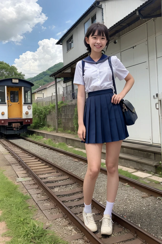 girls in rural railway station,train on far side,cumulonimbus cloud in summer sky,short-sleeved white shirt with sailor collar,navy blue pleated skirt,school bag,18-year-old,bangs,a little smile,thighs,knees,short hair with low pigtails bunches,from beside,front light