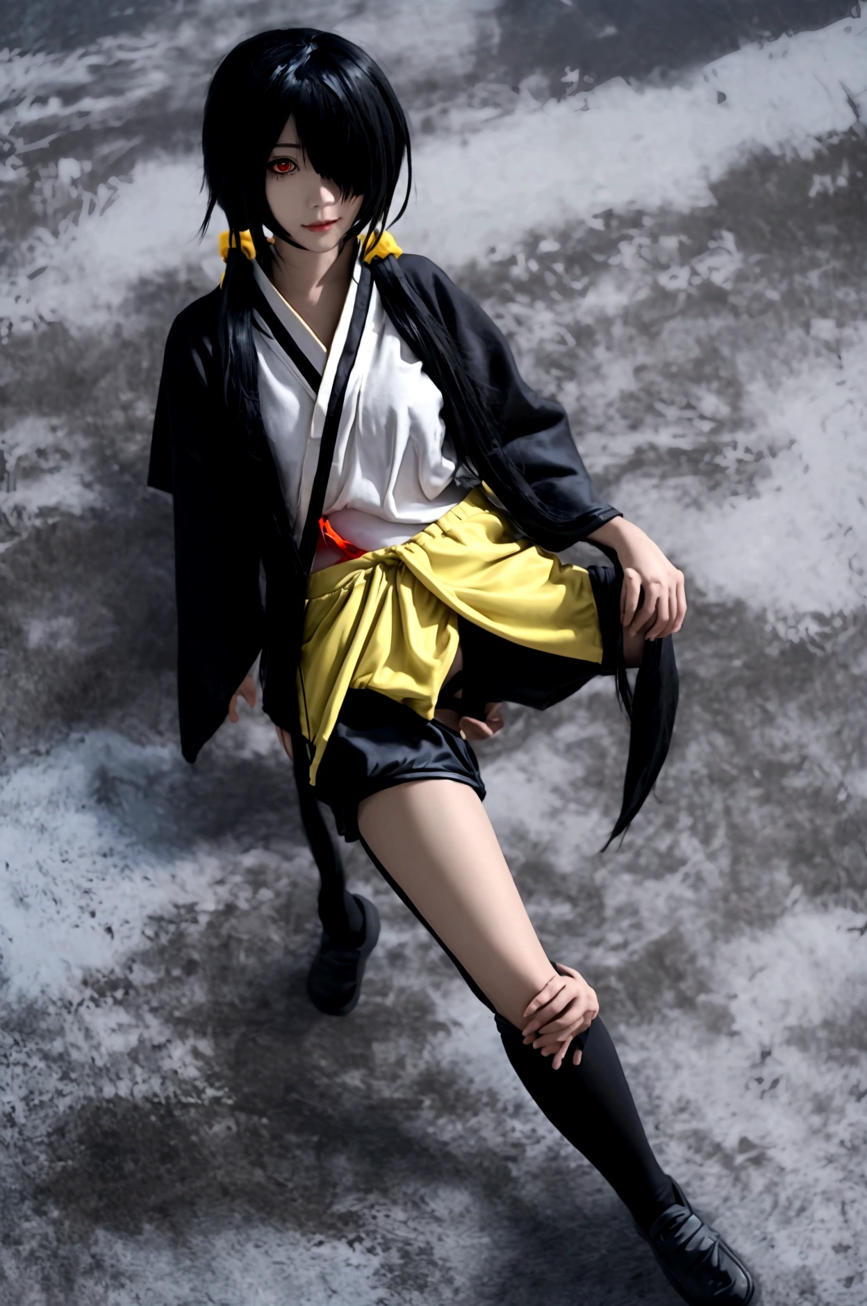 ultra-detailed,highly detailed,best quality,masterpiece,illustration,realistic, photo,photorealistic,
1girl, ((tokisaki kurumi)), cosplay, hair over one eye, (right red eye, left yellow eye), looking at viewer, happy girl, ponytail, ((kimono)), (((black hotpants))), hair rings, loafers,
(Outdoors), walking, ((mountain))