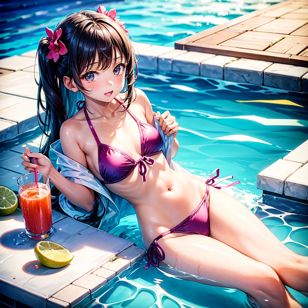 A cute 7 girl is wearing a beautiful bikini by the pool drinking a juice
