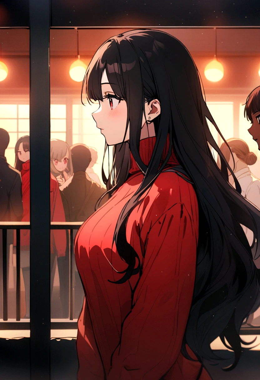 black hair girl, Eyes, black people like kpop and anime, profile, long hair, with a big red sweater