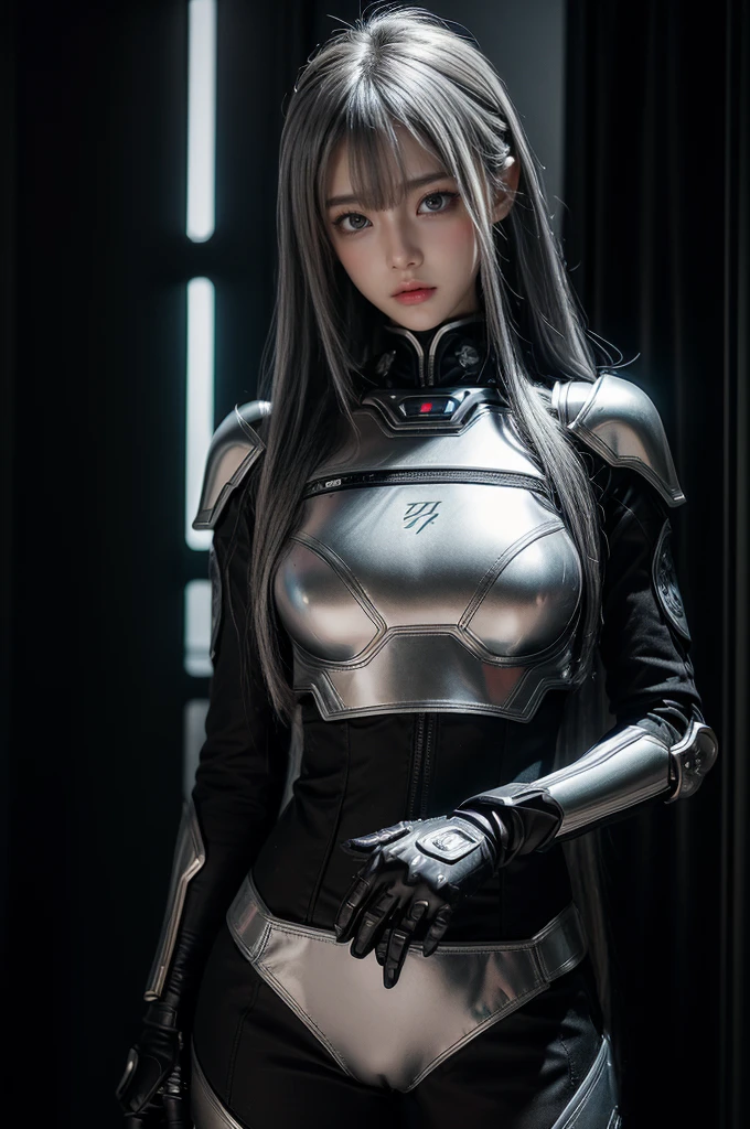 cyber angel,machine wing,{{Sci-Fi Armor}},cyber suit,cyberpunk,science fiction,cyber battle armor,Battledress,Military Uniforms,pants,black military uniform,whole body,Height: 168cm,almond shape eyes,{{{{{silver eyes}}}}},{{{{{dull bangs}}}}},(slanted eyes},{{whole body},{{{1 girl}}}, long hair, straight hair,{{{{silver hair}}}},{{{tsurime}}},30 years old,{Medium chest},{{bush}},silver eyes,{{{masterpiece}}}, {{{highest quality}}}, {{Super detailed}}, {shape}, {{very delicate and beautiful}},very detailed,detailed perfect,detailed hyper,Abundant thighs,big ass,black clothes