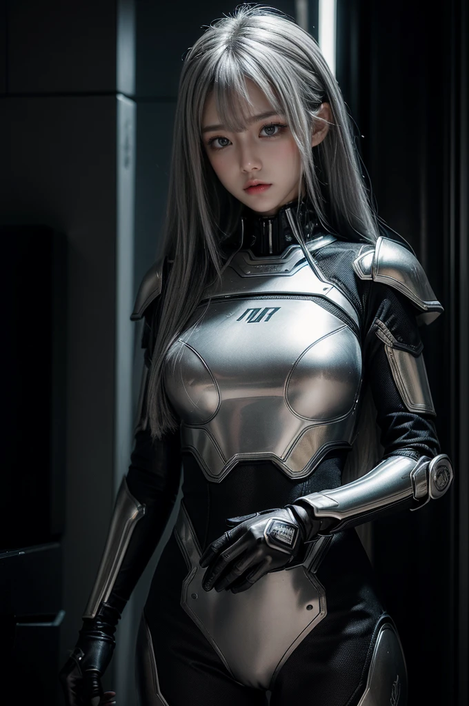 cyber angel,machine wing,{{Sci-Fi Armor}},cyber suit,cyberpunk,science fiction,cyber battle armor,Battledress,Military Uniforms,pants,black military uniform,whole body,Height: 168cm,almond shape eyes,{{{{{silver eyes}}}}},{{{{{dull bangs}}}}},(slanted eyes},{{whole body},{{{1 girl}}}, long hair, straight hair,{{{{silver hair}}}},{{{tsurime}}},30 years old,{Medium chest},{{bush}},silver eyes,{{{masterpiece}}}, {{{highest quality}}}, {{Super detailed}}, {shape}, {{very delicate and beautiful}},very detailed,detailed perfect,detailed hyper,Abundant thighs,big ass,black clothes