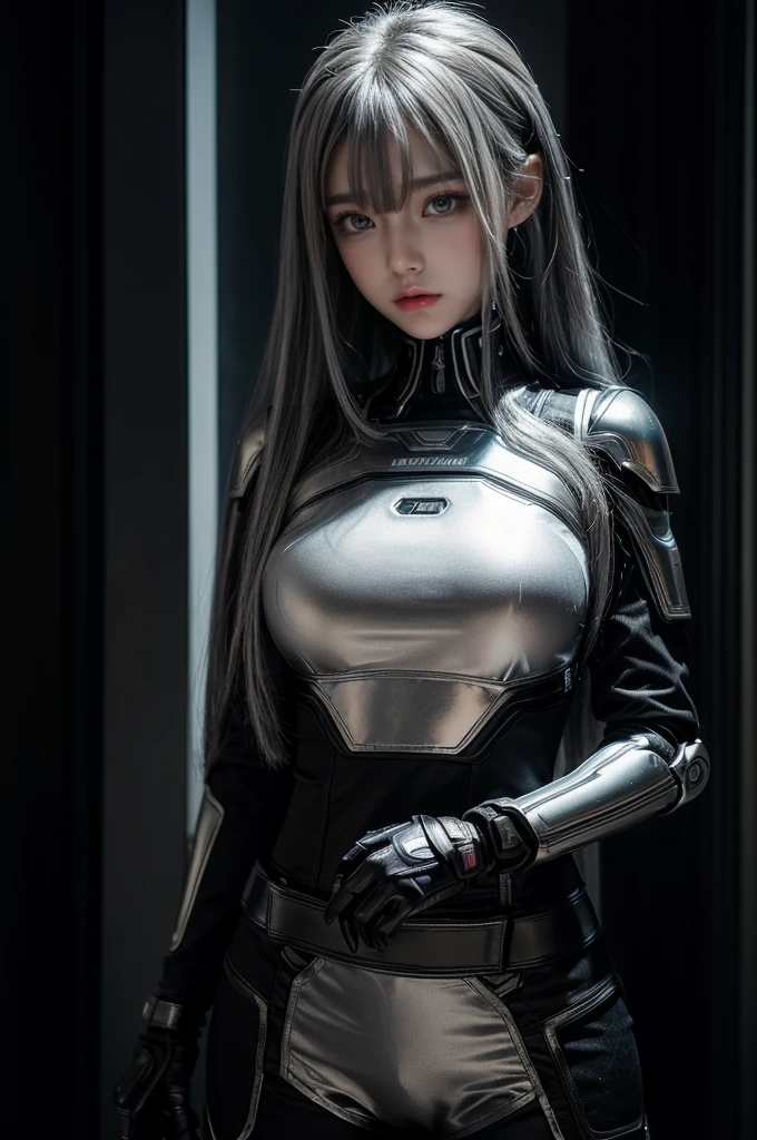 cyber angel,machine wing,{{Sci-Fi Armor}},cyber suit,cyberpunk,science fiction,cyber battle armor,Battledress,Military Uniforms,pants,black military uniform,whole body,Height: 168cm,almond shape eyes,{{{{{silver eyes}}}}},{{{{{dull bangs}}}}},(slanted eyes},{{whole body},{{{1 girl}}}, long hair, straight hair,{{{{silver hair}}}},{{{tsurime}}},30 years old,{Medium chest},{{bush}},silver eyes,{{{masterpiece}}}, {{{highest quality}}}, {{Super detailed}}, {shape}, {{very delicate and beautiful}},very detailed,detailed perfect,detailed hyper,Abundant thighs,big ass,black clothes