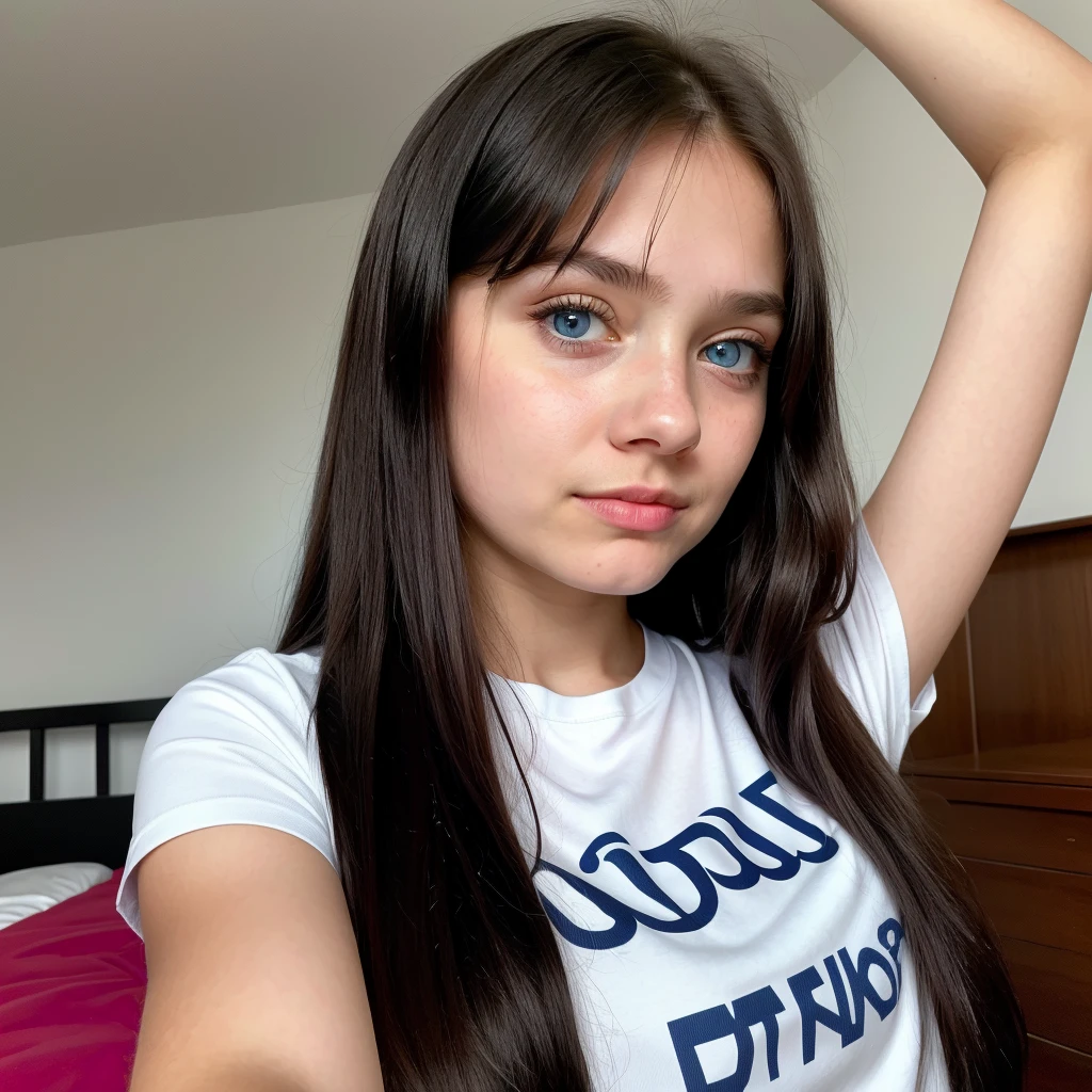 a beautiful Russian teenage Ukrainian girl with blue eyes , taking a selfie with face of young girl with perfect , big eyes , wide fleshy lips thin upturned nose, with a fine face like a barbie , flat breasts ,very long and very straight black hair, wearing shiny leggings and a croped shirt with large orange buttons , 10 years oler face , girl with blue eyes posing very sexy wearing a croped shirt and casual shiny clothes in the bedroom ,straight hair. a very attractive teenage girl sexually naked, posing from Ukraine beautiful girl 10 year old girl, cute,masterpiece, black clothes ,masterpiece